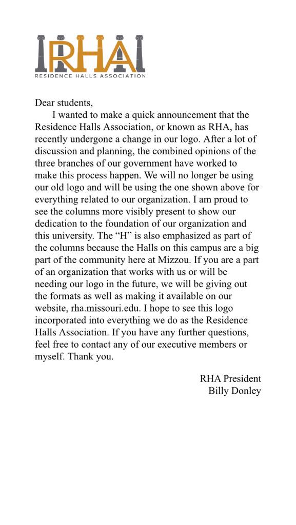 RHAMizzou's tweet photo. RHA is proud to announce that we have a new logo for the organization. Read the statement below for more details. http://t.co/nNfIGq8fTx