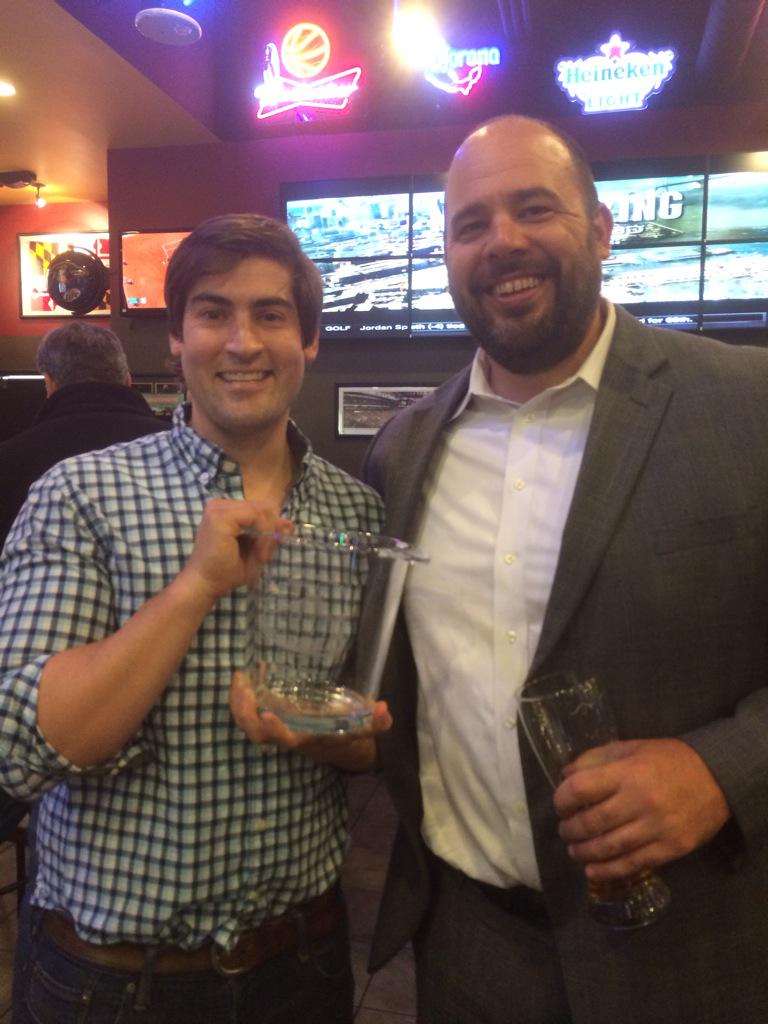 SlightlyCDH's tweet photo. With the Md Homebrew Champ. Finished the first keg of #Summercrush @BWWgrillandbar @PubDog http://t.co/D6MJUbnUOZ