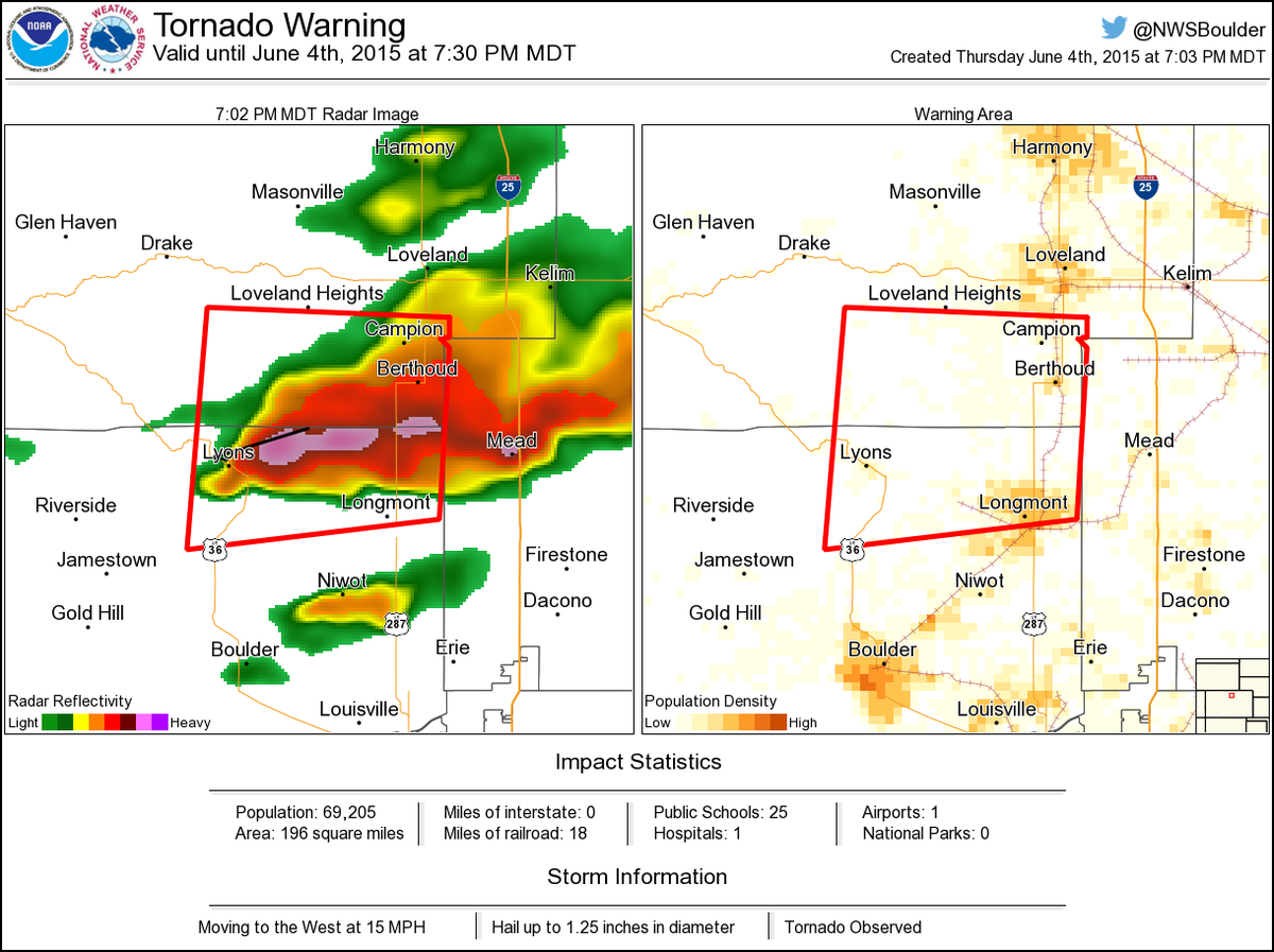 Tornado Warning including Longmont CO, Berthoud CO, Lyons CO until 730