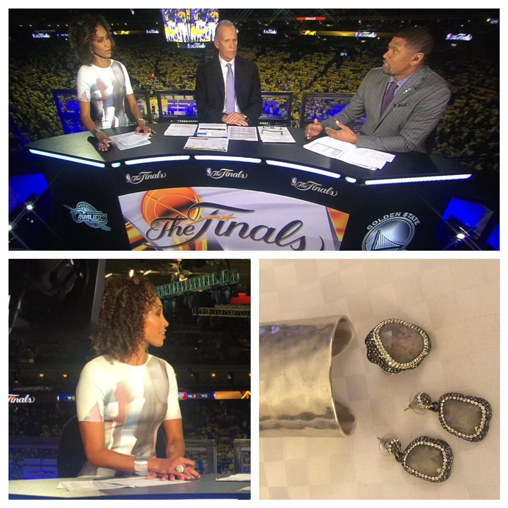 tiffanyhallbuty's tweet photo. Game 1 NBA Finals @sagesteele rocking @ElieTahari dress #nativegem Jewels Hair @mixedchicks makeup by me #espn #abc http://t.co/PlaRMC5VqY