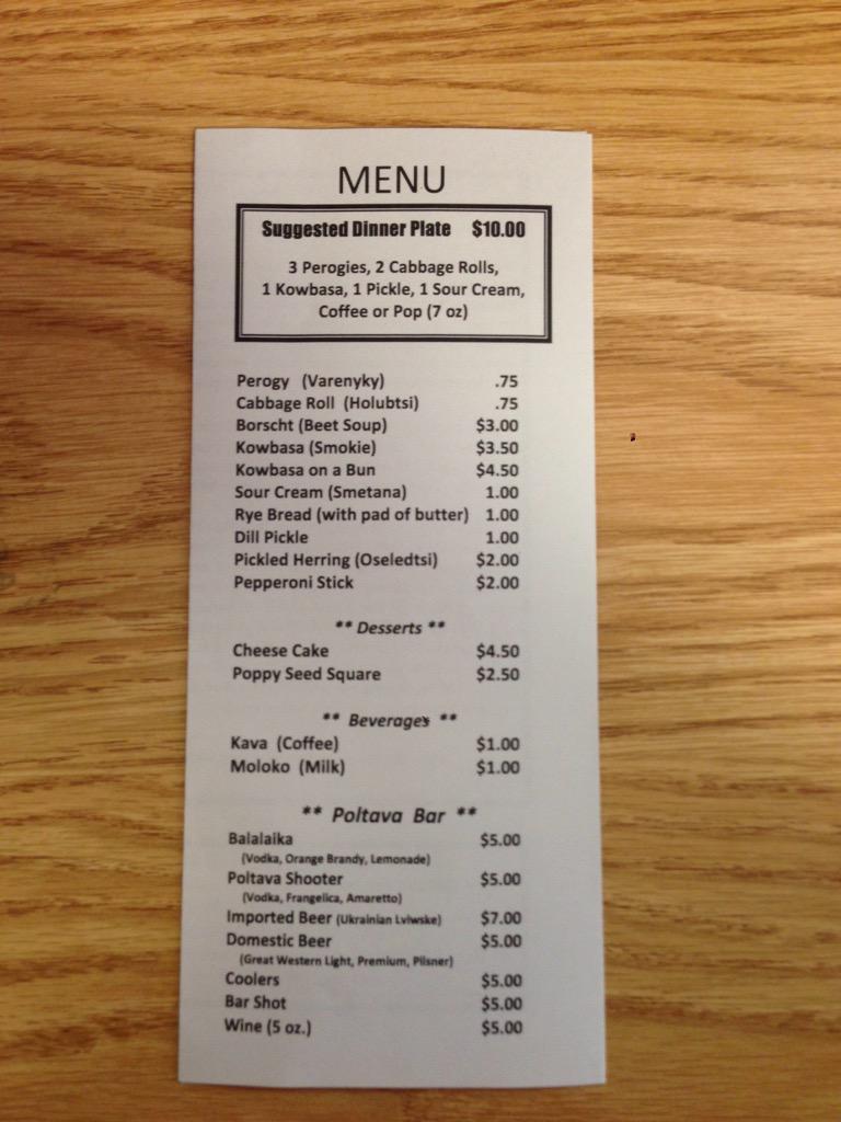 PoltavaMosaic's tweet photo. Here's Poltava's food and bar menu! Come join us for a Balalaika, a dinner platter and an awesome show! http://t.co/RgPDACLAp6