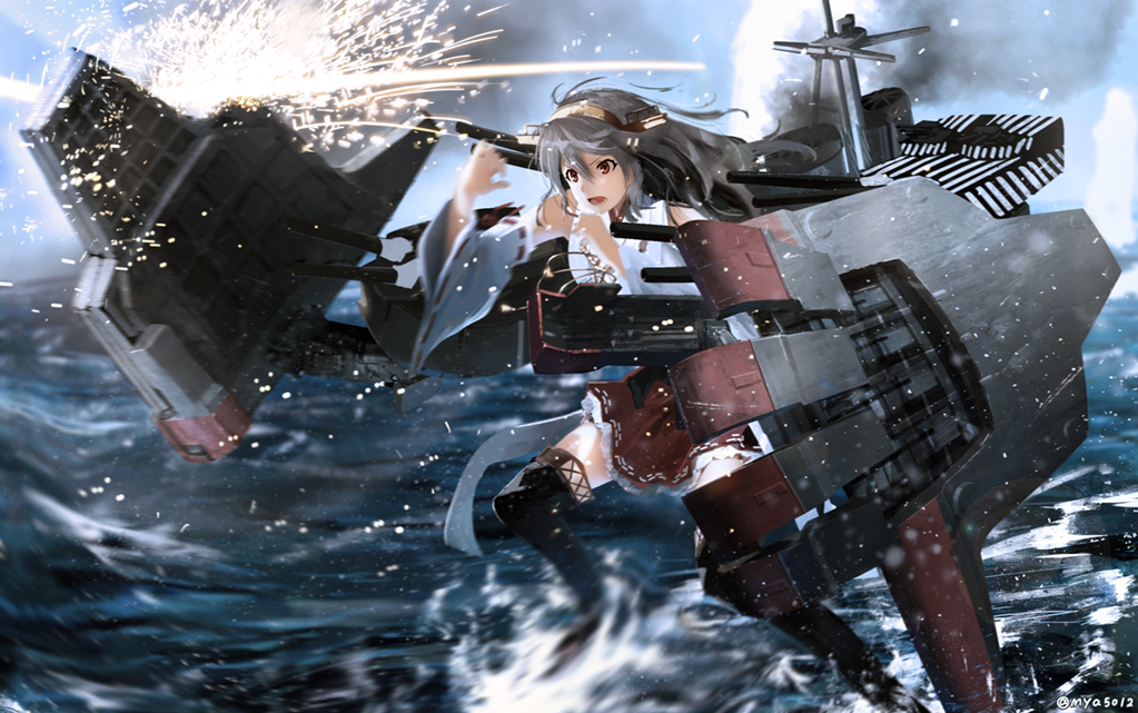 haruna (kancolle) 1girl solo long hair thighhighs detached sleeves black hair skirt  illustration images