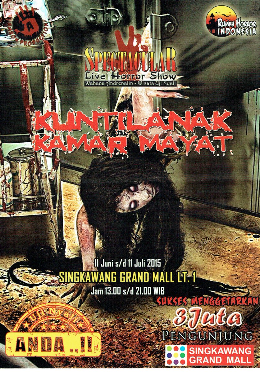 Rumah Horror Indonesia 11 Juni - 11 Juli 2015 <a href="/SGrandMall/">Singkawang GrandMall</a> 
Live Horror Show !!!!!!!
Lantai 2
Jam 13.00 s/d 21.00 WIB.