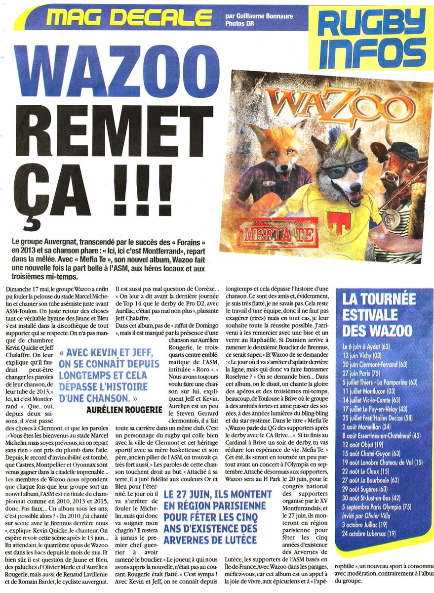 WAZOO63's tweet photo. Bel article sur notre dernier album #MEFIATE dans @RugbyInfosClerm par @GuiBonnaure @LESARVERNES1 @TeamYellowArmy http://t.co/trkEdAiCYq