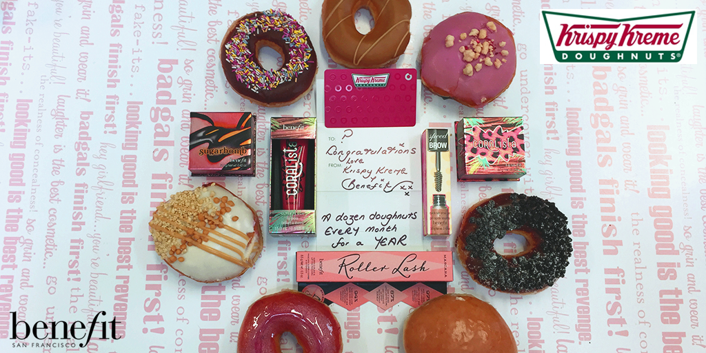 BenefitUK's tweet photo. Happy #NationalDoughnutDay. To celebrate you can #win all this from us &amp; @krispykremeUK Simply RT &amp; follow us both. http://t.co/j07sOdVwpV