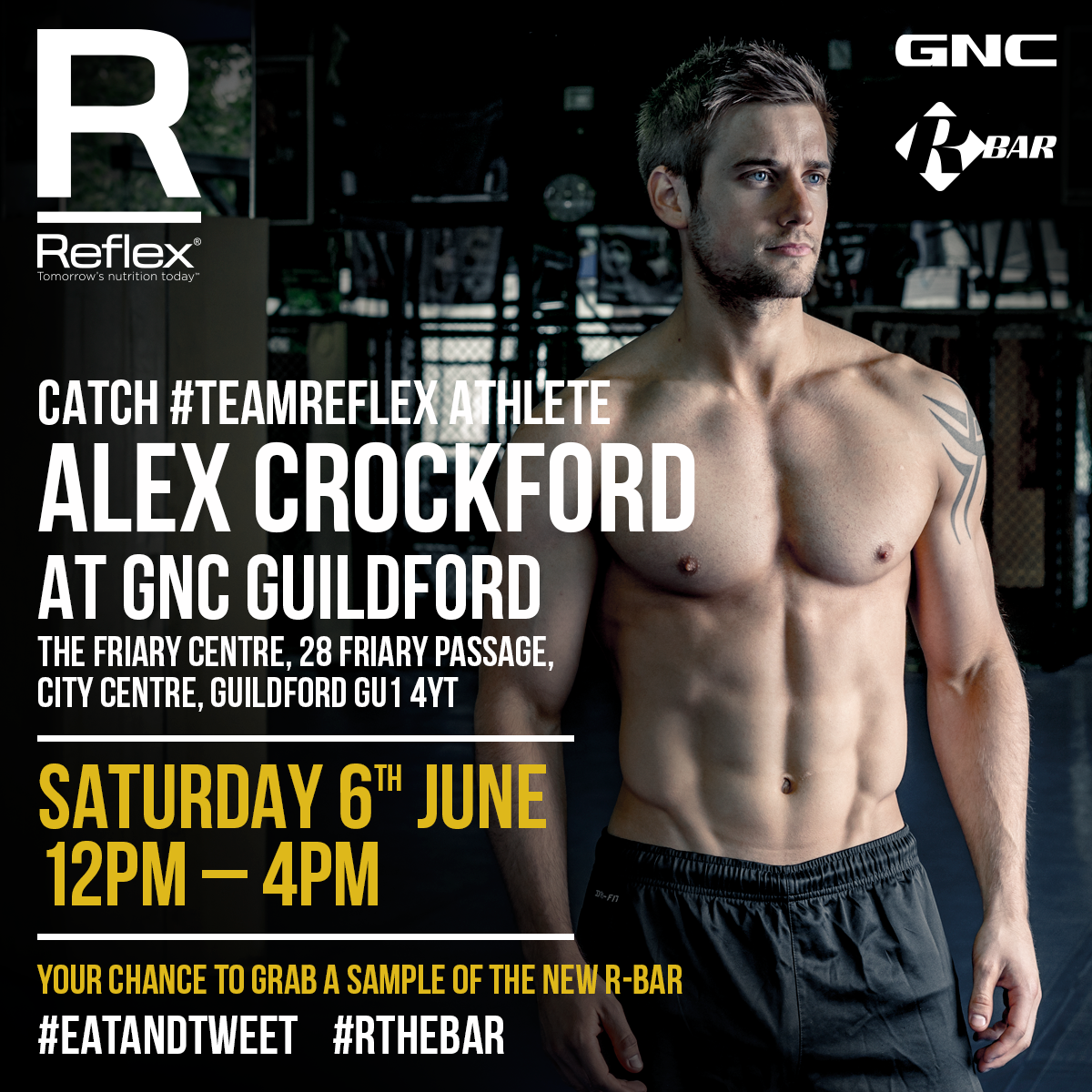 ReflexNutrition's tweet photo. In #Guildford ? Pop to @GNC_Guildford & meet @alexcrockford who is sampling our #RBars http://t.co/bgoAQdxjqO