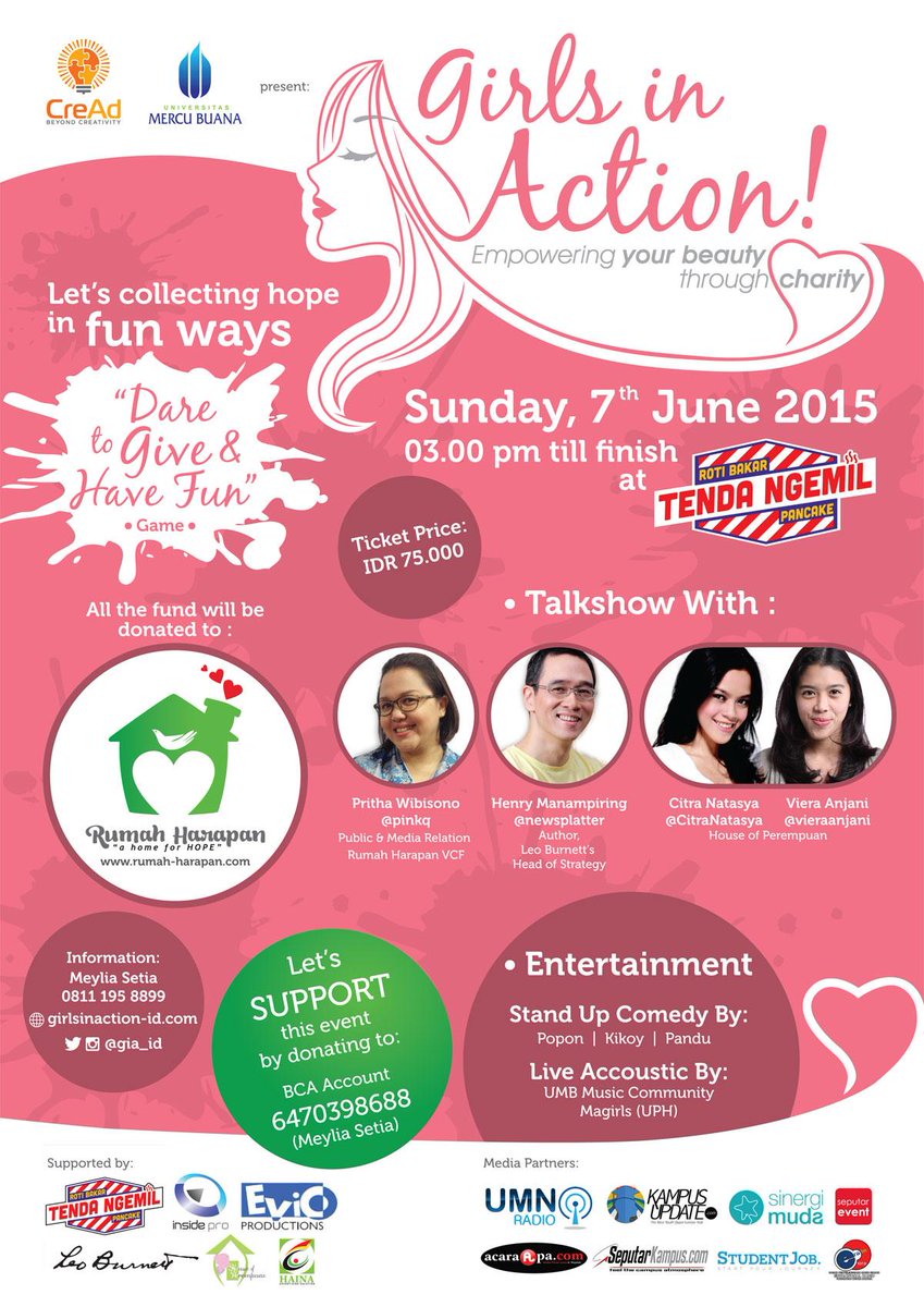 SeputarEvent's tweet photo. .@gia_id activity: Talkshow by @RumahHarapanVCF w/ @CitraNatasya &amp; @newsplatter HTM 75k (certificate, meal &amp; charity) http://t.co/Wg2xaf29kW