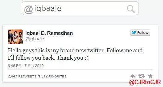 CJRtoCJR's tweet photo. RETWEET !! Tweet pertamanya @iqbaale !!! #happycomateday #comate. http://t.co/UWUDtniENL