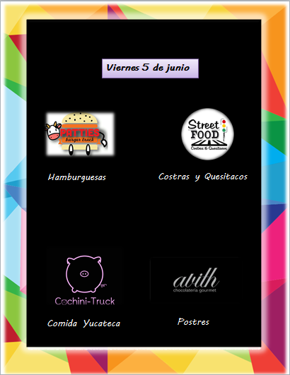 Hoy nos acompañan <a href="/StreetFoodFT/">Street Food Truck</a> , <a href="/PattiesBT/">Patties Burger Truck</a>, <a href="/CochiniTruckMX/">CochiniTruck_MX</a>  y <a href="/Avithchocolatie/">ChefAlanTercero</a> Anímate!!! por fin es viernes!!