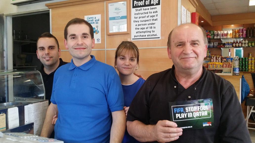 ScottishHazards's tweet photo. Giovanni ' s staff on Easter Rd supporting our call to #playfairqatar http://t.co/m6GpwO6DA9