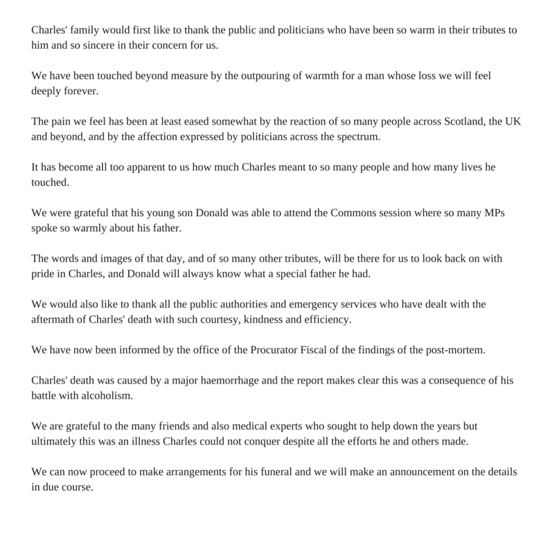 PA's tweet photo. Full text of statement issued by the family of Charles Kennedy http://t.co/dvjmPAfq6x