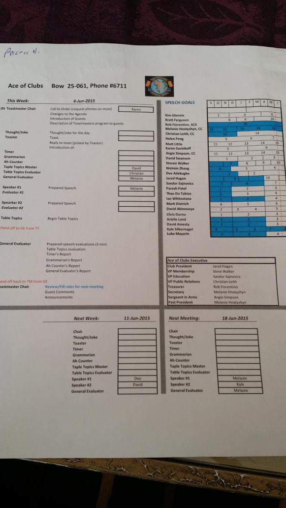 FredMDTMaster's tweet photo. Attended Ace of Clubs tmasters in calgary - agenda with speech goals unique.  Toast and review of tabletopics good. http://t.co/mYamkC5nzE