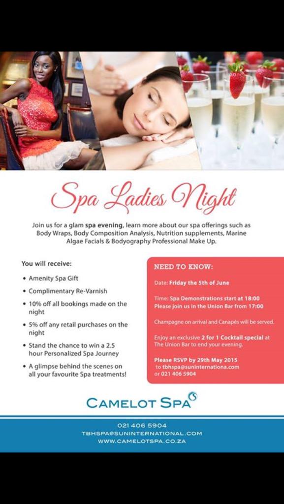 Marinda_vs's tweet photo. Exciting things happening @CamelotSpa   Table Bay. Ladies spa night! http://t.co/WVOnwteeIY