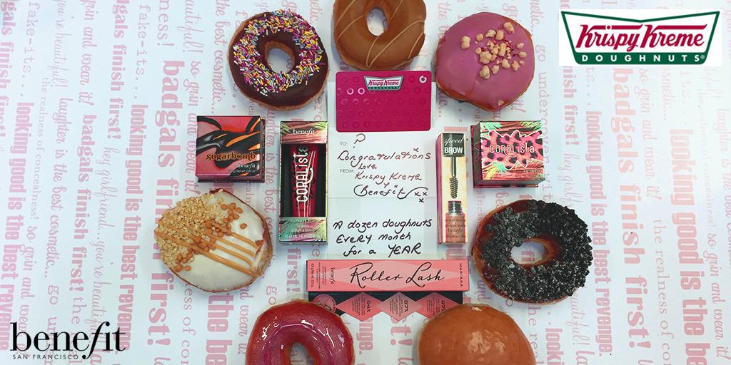 BenefitUK's tweet photo. Happy #NationalDoughnutDay. To celebrate you can #win all this from us &amp; @krispykremeUK Simply RT &amp; follow us both. http://t.co/RR0Tj9uKqx