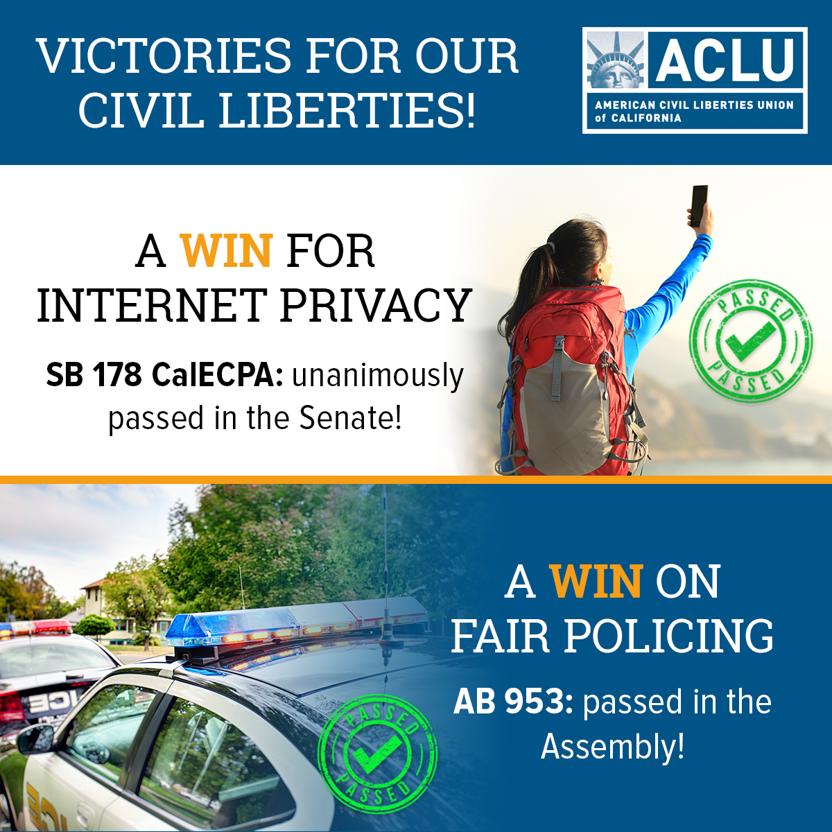 ACLU_NorCal's tweet image. Onward! 88% of #ACLUCA sponsored bills passed their first houses in #CAleg. bit.ly/1K5z6yo #howlawsaremade :)
