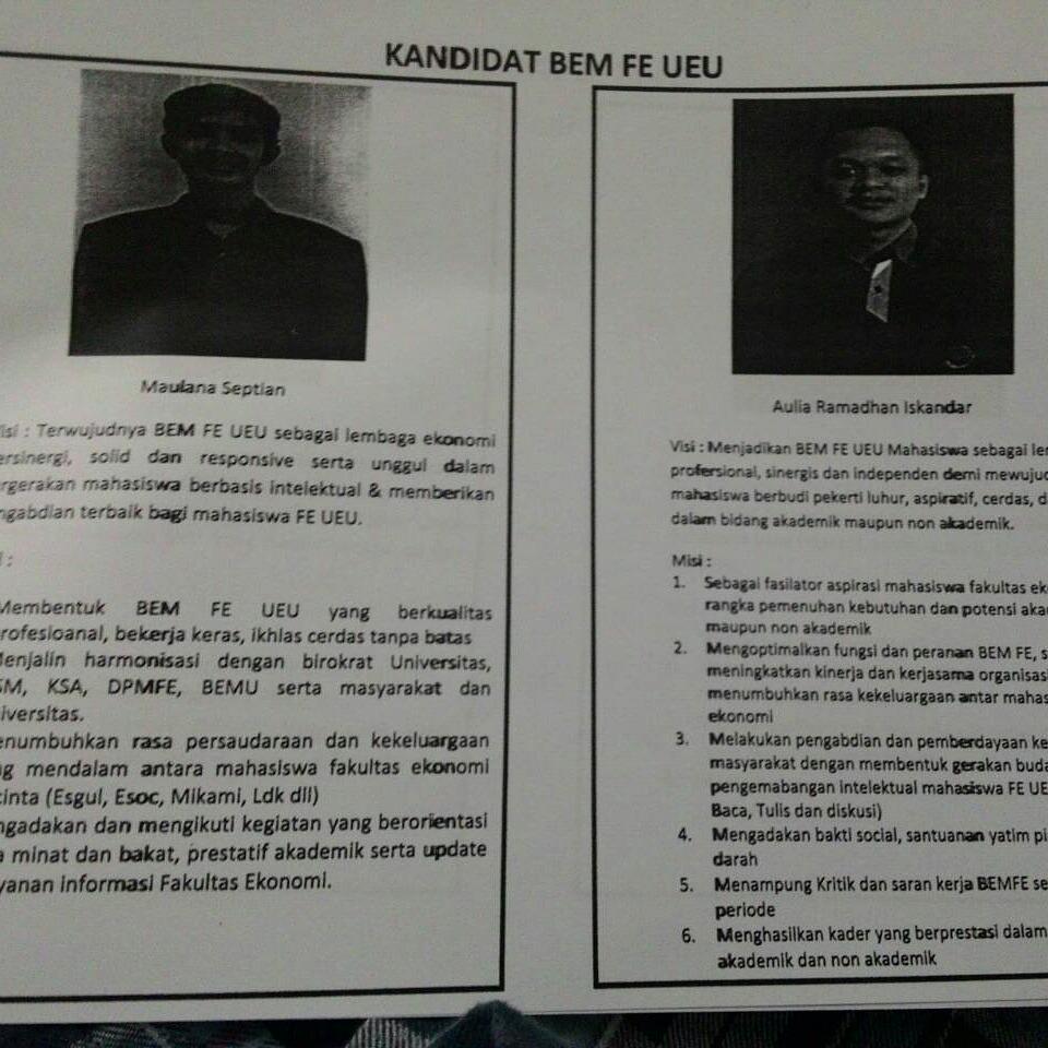 calon kandidat Gubernur FE UEU 2015-2016: Maulana Septian manajemen2012 &amp; Aulia Ramadhan Iskandar akuntansi2012