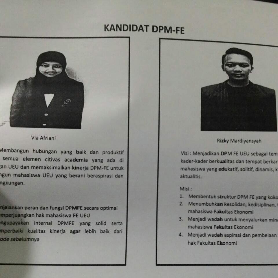 Calon kandidat DPMFE UEU 2015-2016 : Via Afriani akuntansi2012 &amp; Rizky Mardiansyah manajemen2012