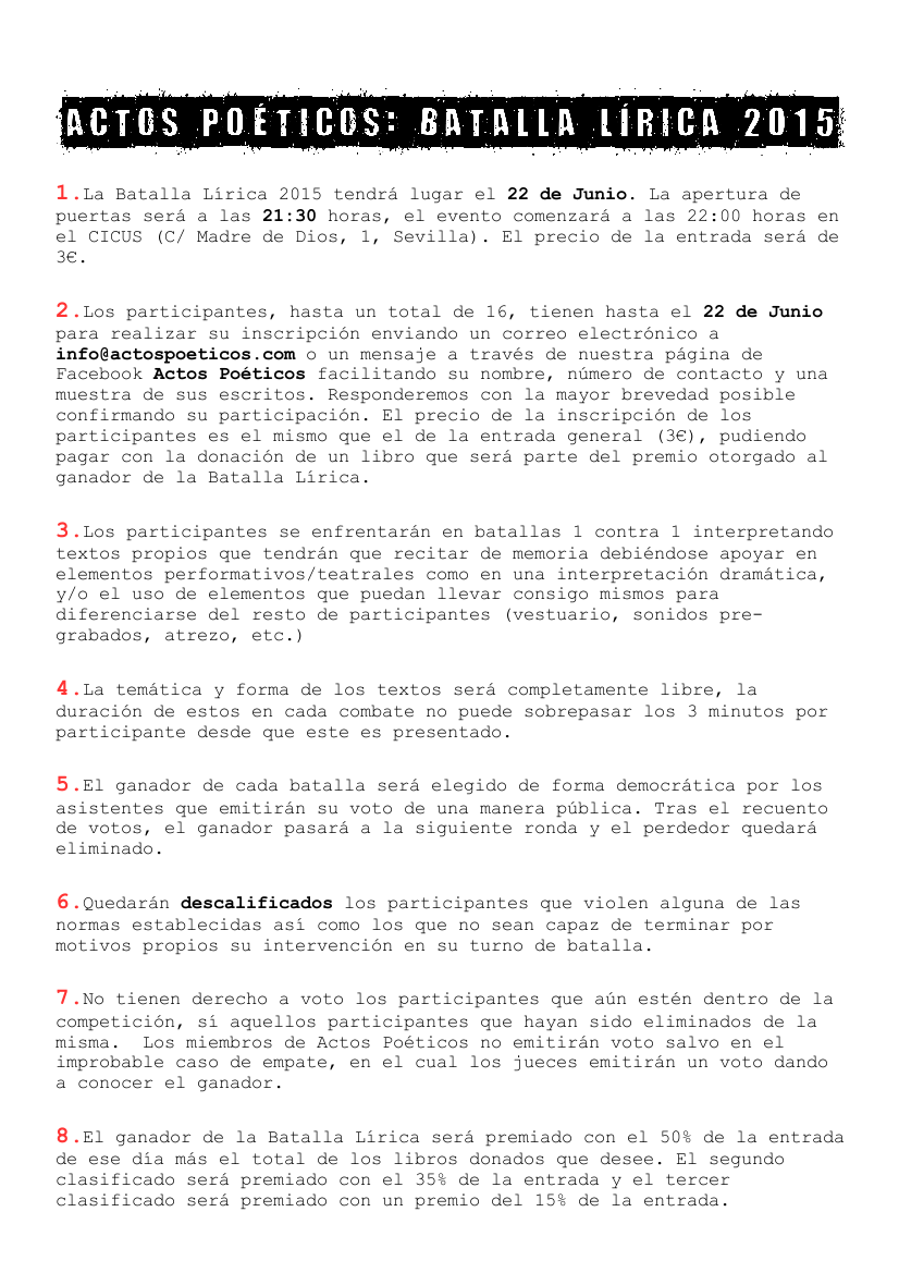 actospoeticos's tweet photo. @40gradosprod Batalla Lírica 2015. Competición de Poesía Escénica. 22/6 21:30 @CICUS_ #Sevilla info@actospoeticos.com http://t.co/OboIjw5vNh