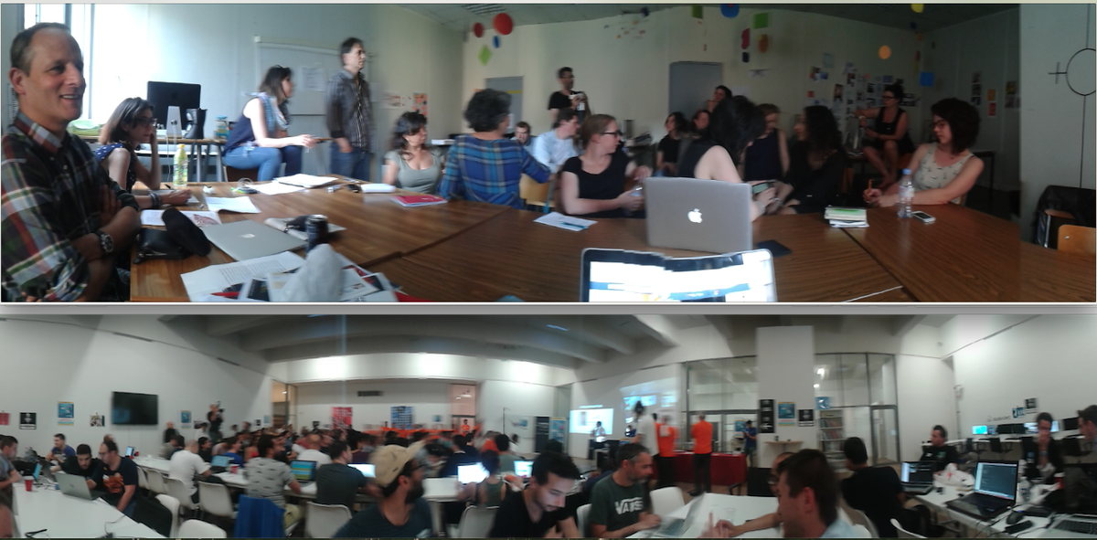 mguiraud's tweet image. Je suis passé de la #tvoff15 d'Avignon (en haut) au hackathon #hackAndFly (en bas)  en moins de dix minutes…  #LeMec