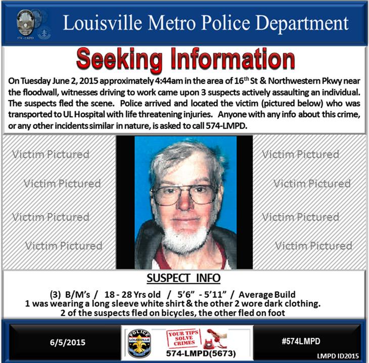 LMPD's tweet photo. LMPD Homicide Dets are asking for info related to an assault on the man pictured. Wanted (3)B/M 18-28yoa #574LMPD http://t.co/2qnkm7ddid