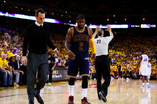 SBNationNBA's tweet photo. Kyrie Irving has a fractured kneecap and will miss the rest of the Finals (and much more) http://t.co/0PhW6KxcLA http://t.co/3ggSmYYhgd