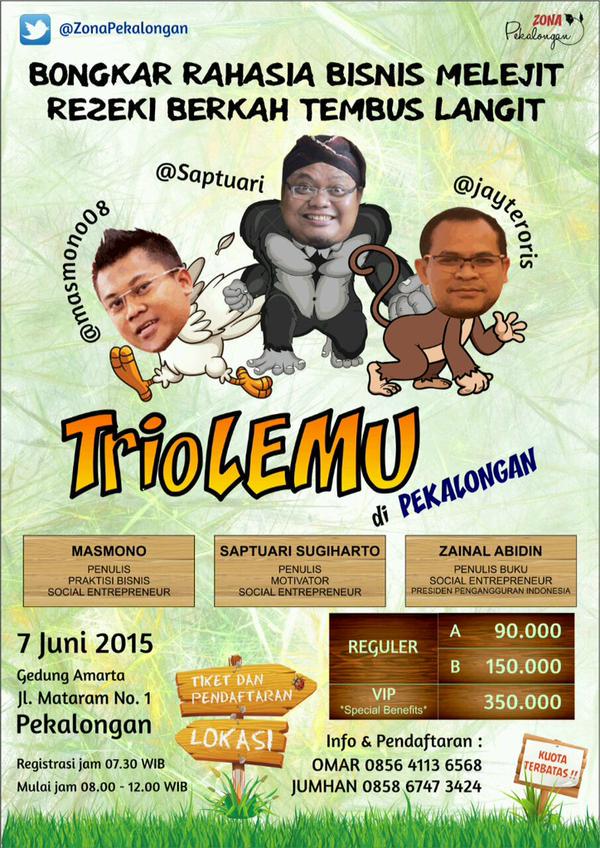 kabarpemalangID's tweet photo. Seminar #TrioLemu mulai dari 90K | 7-06-2015 #kabarpemalang @KabarPKL @KabarTGL @KabarBBS @KabarBTG @Ngawagdotcom http://t.co/pMVKlLi8I5