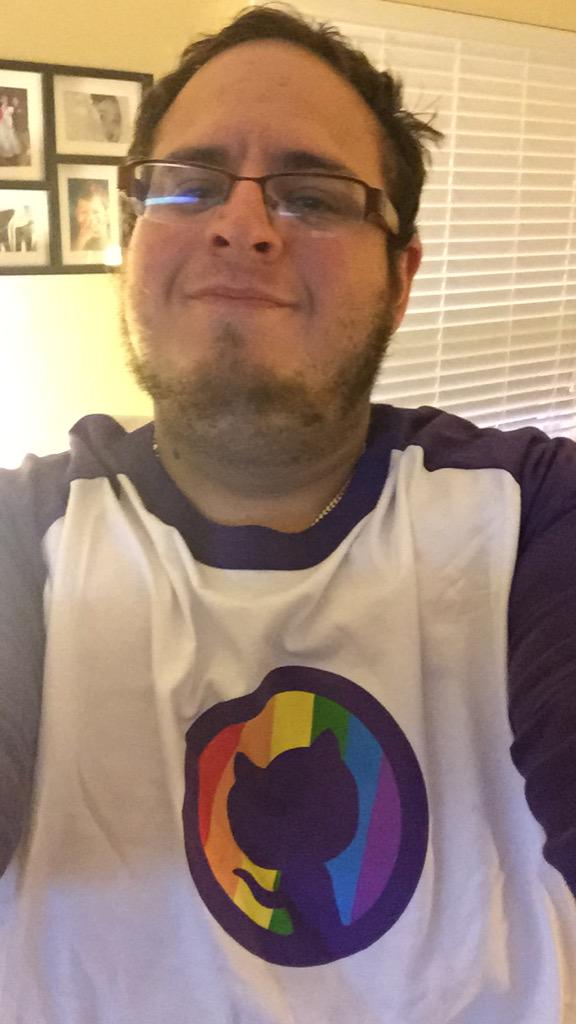 dshafik's tweet photo. Look what came today! #pridetocat #githubpride #badselfie /cc @github http://t.co/2WBiqyYa0T