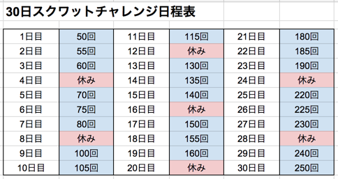 えいじまさん 現在 12 1kg در توییتر 30日スクワット日程表を自分用に作ってみた Http T Co Xwaanjt1fs