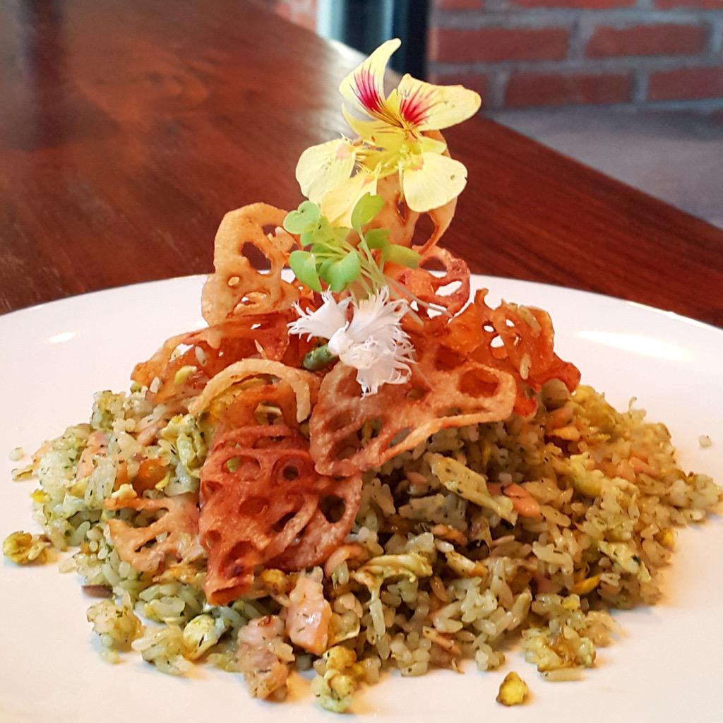 Try our weekly special of -- "Salmon fried rice with homemade pesto and renkon chips" -- It taste as good as it looks