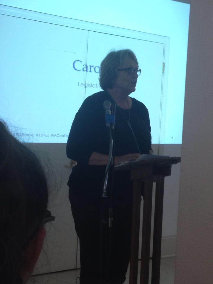 RafayBurnsApp's tweet image. Carol Estes shows CLO-designed bumper stickers: "Revenge is expensive, bring back parole!" #waparole #15plus