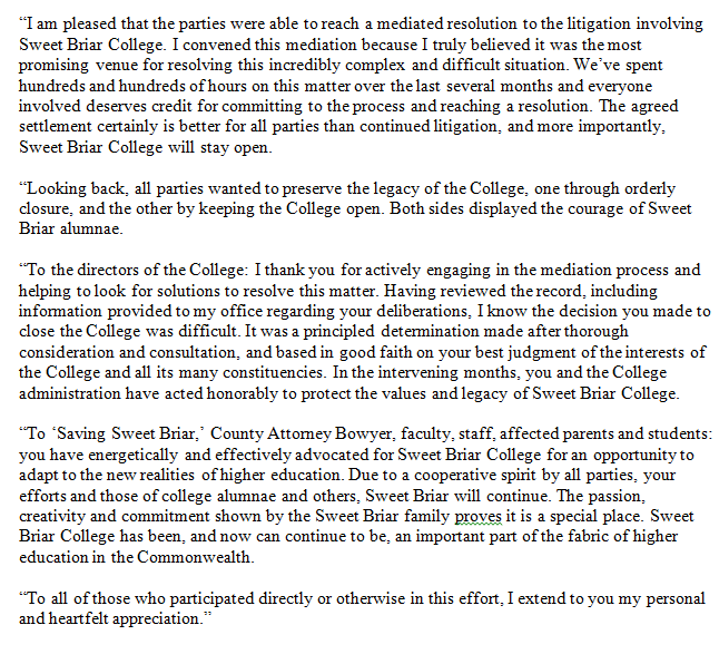 "Sweet Briar College will stay open" - AG Herring excerpt from statement on mediation resolution  #SaveSweetBriar