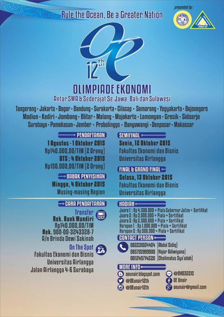 oeunairofficial's tweet photo. Ayo ikuti Olimpiade Ekonomi UNAIR 12th se Jawa,Bali &amp; Sulawesi . #OEunair12th #OEunair http://t.co/uxuf9j8Irh