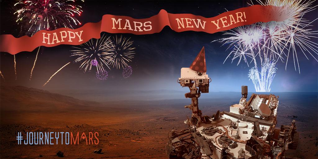 MarsCuriosity's tweet image. Happy Mars New Year, Earthlings! It takes ~2 Earth years for the Red Planet to go around the sun #JourneyToMars