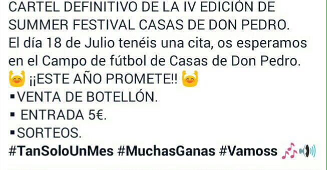 CARTEL DEFINITIVO DE LA IV EDICIÓN DE SUMMER FESTIVAL DE CASAS DE DON PEDRO. #18DeJulio #CampoDeFutbol 👏🏻🙌🏻💃🏻😎🔊☑️