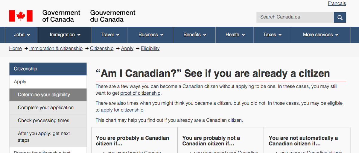 TristinHopper's tweet photo. The Government of Canada maintains a website for people who DON'T KNOW whether they're Canadian. http://t.co/bwiMpf67mE