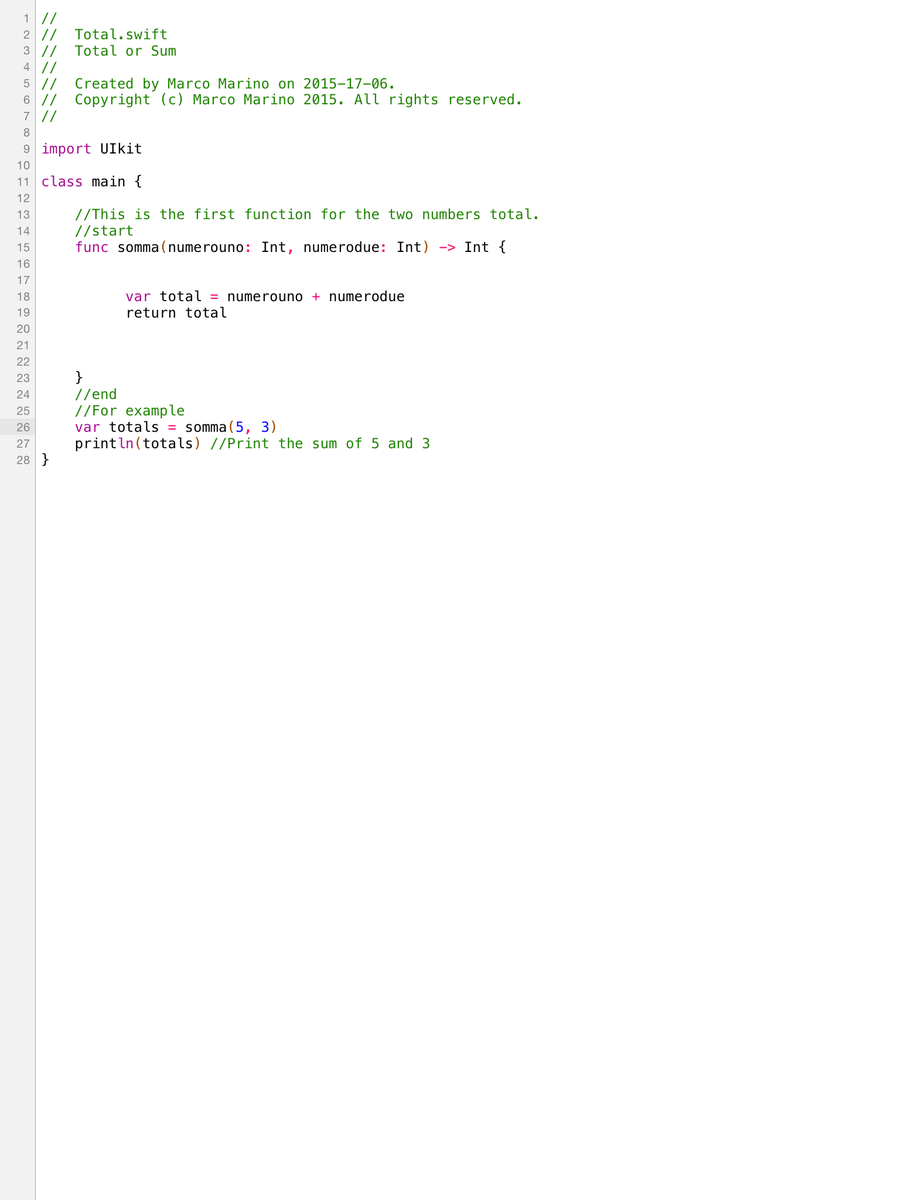 Marco_Marino_BB's tweet image. A simple function for the two numbers total. #SwiftProgrammingLanguage , #Apple