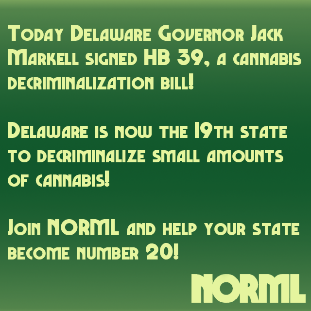 NORML's tweet photo. #Legalization News! Today Delaware @GovernorMarkell signed #decriminalization bill! Read here: http://t.co/mdA8kiNV5y http://t.co/4GgOHjgUPy