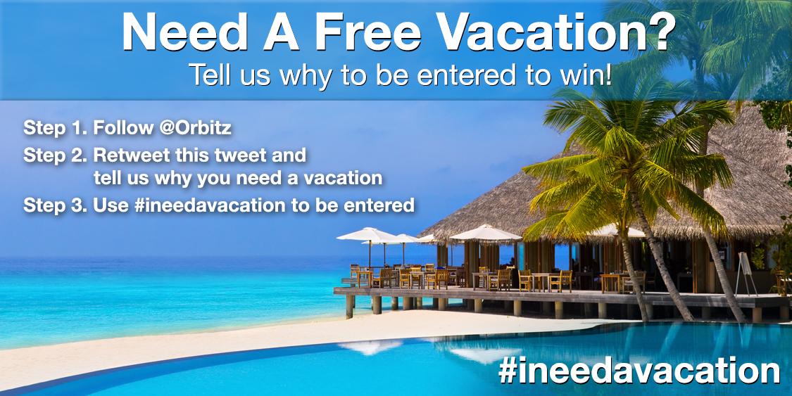 Orbitz's tweet image. Retweet with why you need a vacation to win a trip! #ineedavacation #giveaway Official Rules: bit.ly/ineedavacation…
