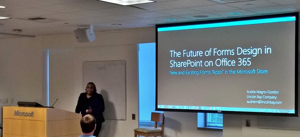 jshuey's tweet image. AudrieMG is sharing thoughts on her passion for forms at the SharePoint User Group #psspug