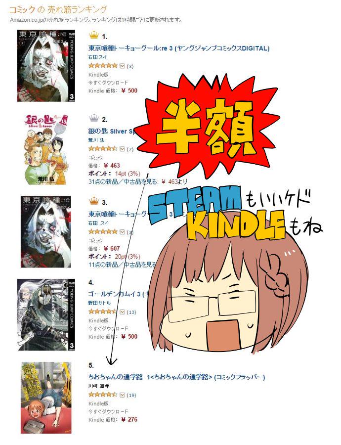 ちおちゃんの通学路キンドル版ただいま半額です。
http://t.co/75uuhkr1uF
半額ブーストで多くの方に読まれて嬉しい!
この並びはさすがにテンションあがりますね。 