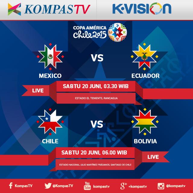 KompasTV's tweet photo. Saksikan pertandingan #CopaAmericaKompasTV selanjutnya: Mexico vs Ecuador &amp; Chile vs Bolivia. http://t.co/ucCYkyI5vv