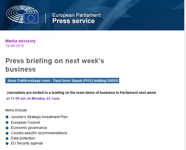 Press briefing on #EP Committees activities on Monday 22/6 at 11:00 in PHS 0A50. Follow LIVE: bit.ly/1ReU3qJ