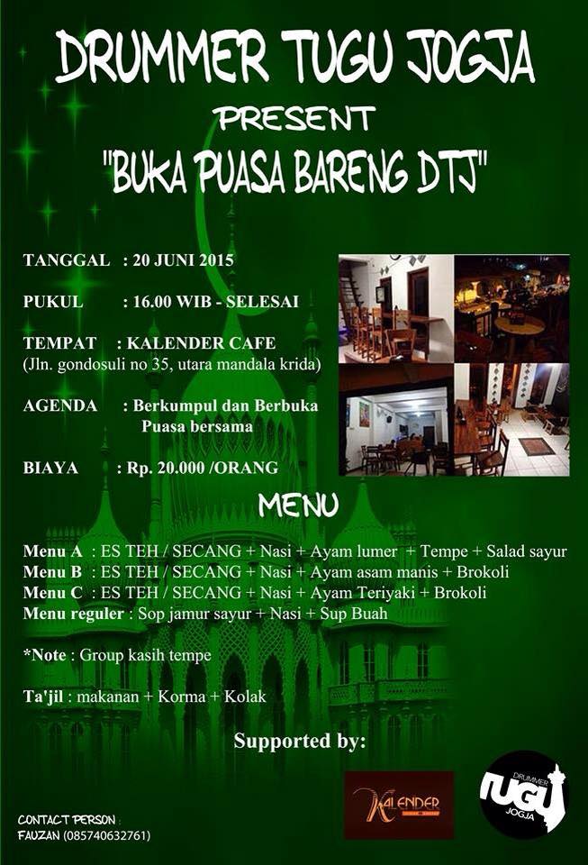 Selamat untuk <a href="/DrummerTJogja/">Drummer Tugu Jogja</a> , semoga lancar acara buka bersama besok.
kami siap menyambut. :D