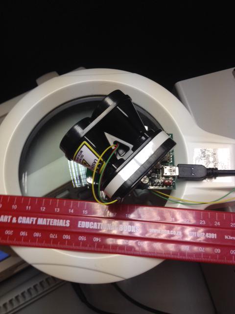 Laserdeveloper's tweet image. Testing out a new super light weight laser scanner: 75g, 360 deg rotation, 100m range. Production in a few months :)
