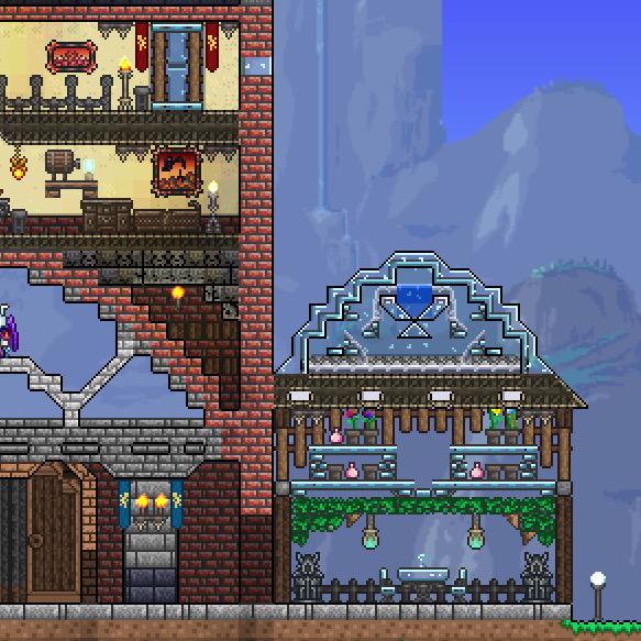 兎菱 Terraria 相変わらず全体図見辛いので部分拡大をば 窓枠とミニ庭園がお気に入り テラリア Terraria Http T Co Y9oevfktnh