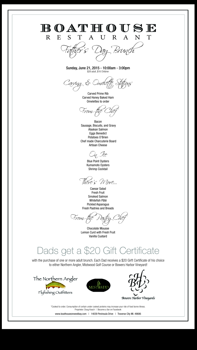 Delicious Boathouse #FathersDay #brunch menu, complete with $20 gift card to #local biz including ur fave #BHV!
