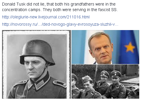 baz2000's tweet photo. donald tusk says his grandfathers were in the death camps....but what he failed to mention is they were the guards http://t.co/e3bbu13l7Q