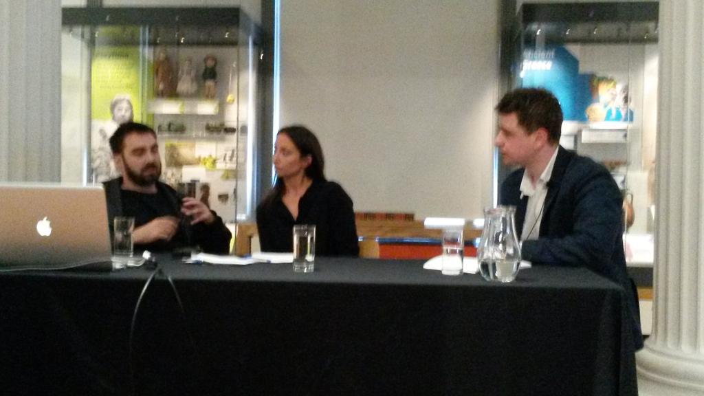 HarrisPreston's tweet photo. l-r #edwardthomasson #lucybeech and #jonathanpwatts in conversation following remarkable show of the artists' films. http://t.co/IFpo1fSh0x