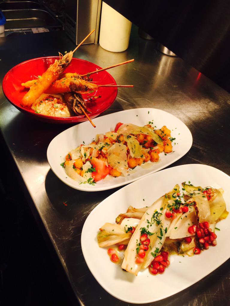 bar44tapas's tweet image. Wild prawns,crispy chickpeas &amp;amp; zamorano, griddled chicory/pomegranate on the pass. Jamón, Santiago tart ready to go!
