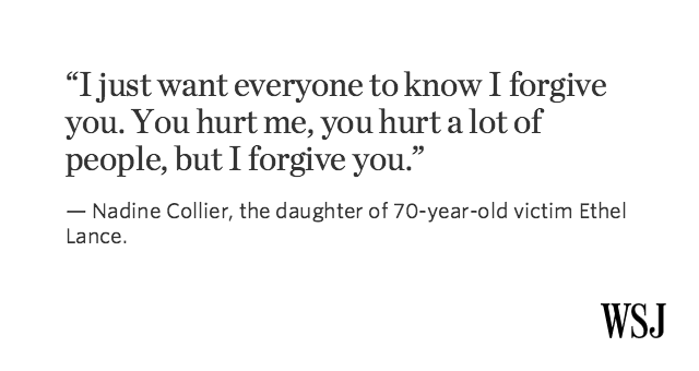 WSJ's tweet image. Members of victims’ families extended forgiveness to Dylann Roof at court appearance: on.wsj.com/1I3oEad